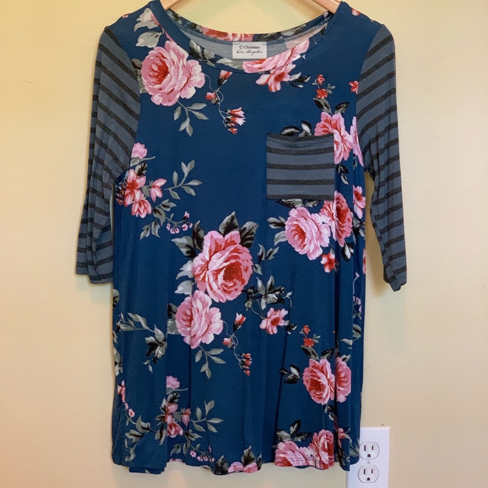 3/4 sleeve mixed print floral and striped shirt
